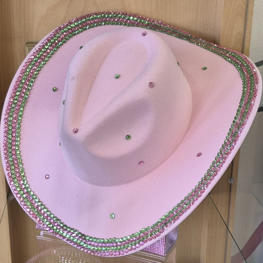Pink Cowgirl Hat with Green and Pink Rhinestones.